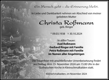 Traueranzeige von Christa Roßmann von Südthüringer Presse