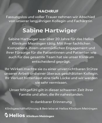 Traueranzeige von Sabine Hartwiger von Südthüringer Presse