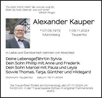 Traueranzeige von Alexander Kauper von Frankenpost