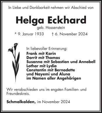 Traueranzeige von Helga Eckhard von Südthüringer Presse