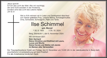 Traueranzeige von Ilse Schimmel von Frankenpost