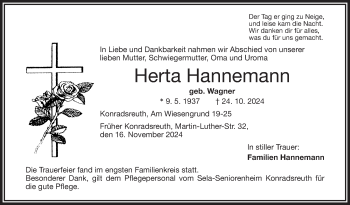 Traueranzeige von Herta Hannemann von Frankenpost