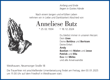 Traueranzeige von Anneliese Butz von Neue Presse Coburg