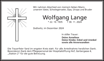 Traueranzeige von Wolfgang Lange von Frankenpost