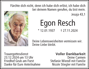 Traueranzeige von Egon Resch von Neue Presse Coburg