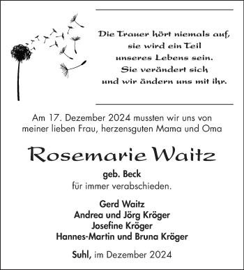 Traueranzeige von Rosemarie Waitz von Südthüringer Presse