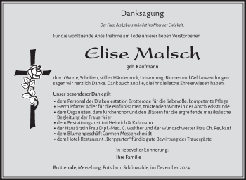 Traueranzeige von Elise Malsch von Südthüringer Presse