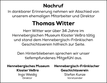 Traueranzeige von ThomasThomas WitterWitter von Südthüringer Presse