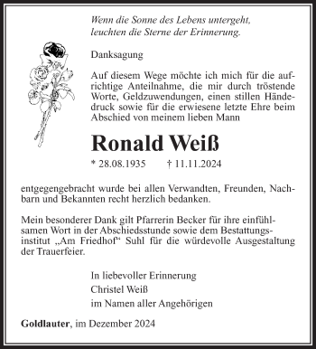 Traueranzeige von Ronald Weiß von Südthüringer Presse