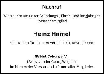 Traueranzeige von Heinz Hamel von Neue Presse Coburg