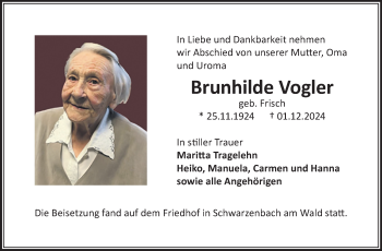 Traueranzeige von Brunhilde Vogler von Frankenpost