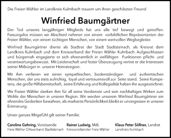 Traueranzeige von Winfried Baumgärtner von Frankenpost