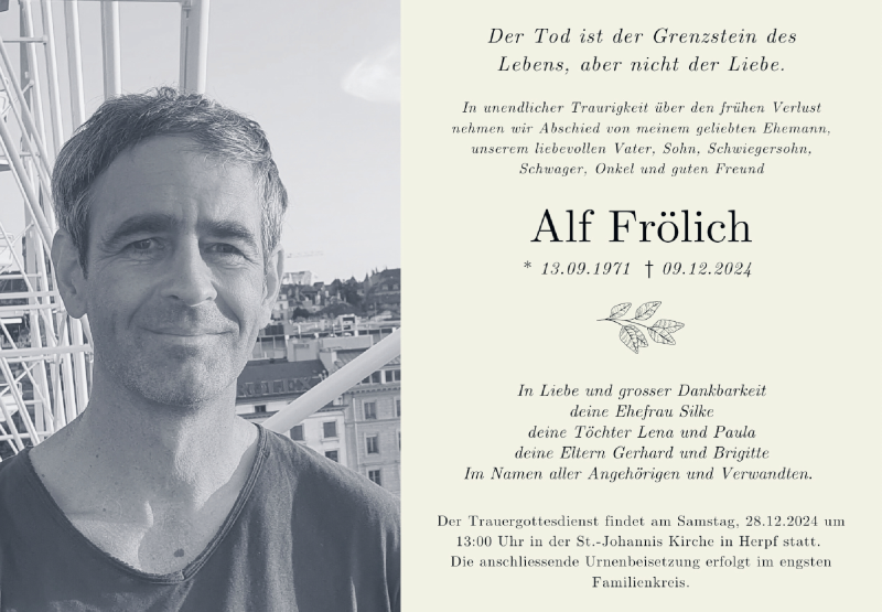  Traueranzeige für Alf Fröhlich vom 24.12.2024 aus Südthüringer Presse