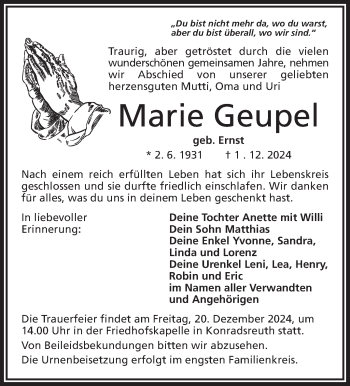 Traueranzeige von Marie Geupel von Frankenpost