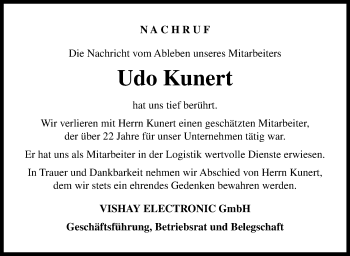 Traueranzeige von Udo Kunert von Frankenpost