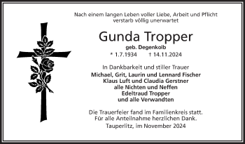 Traueranzeige von Gunda Tropper von Frankenpost