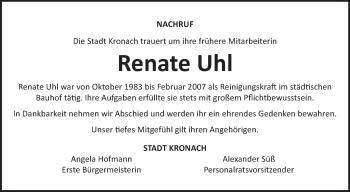 Traueranzeige von Renate Uhl von Neue Presse Coburg