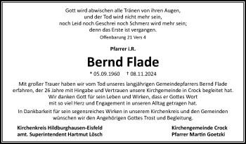 Traueranzeige von Bernd Flade von Südthüringer Presse