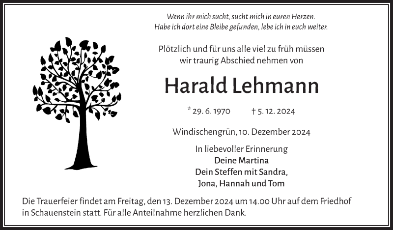  Traueranzeige für Harald Lehmann vom 10.12.2024 aus Frankenpost