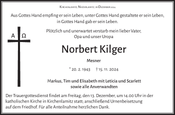 Traueranzeige von Norbert Kilger von Frankenpost