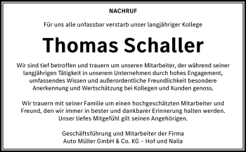 Traueranzeige von Thomas Schaller von Frankenpost