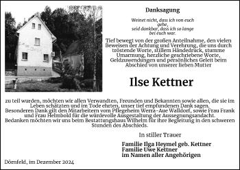 Traueranzeige von Ilse Kettner von Südthüringer Presse