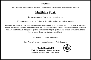 Traueranzeige von Matthias Bach von Südthüringer Presse