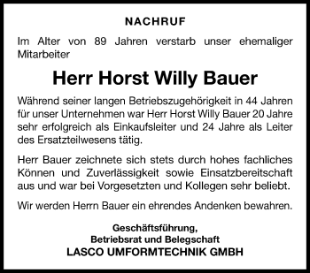 Traueranzeige von Horst Willy Bauer von Neue Presse Coburg