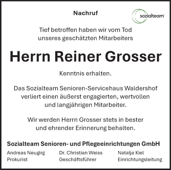 Traueranzeige von Reiner Grosser von Frankenpost