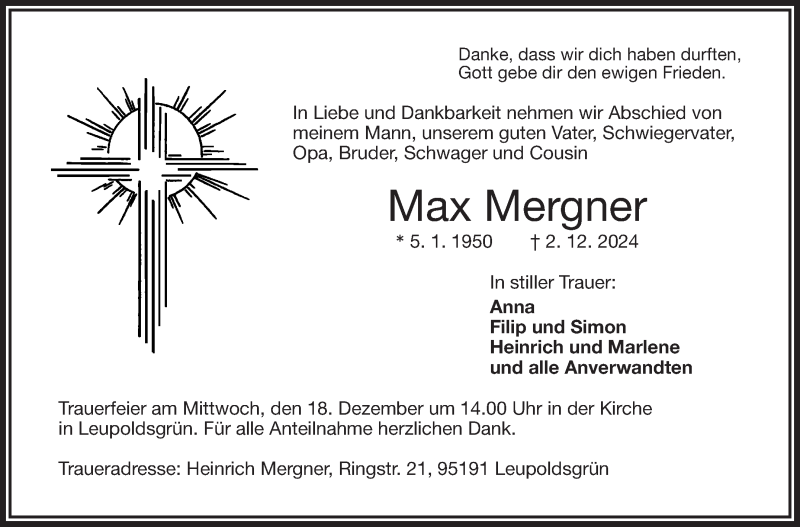  Traueranzeige für Max Mergner vom 14.12.2024 aus Frankenpost