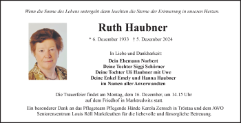 Traueranzeige von Ruth Haubner von Frankenpost