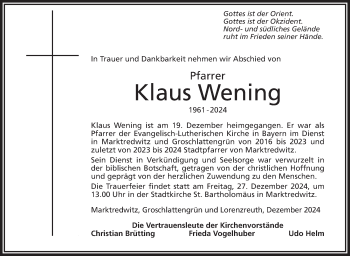 Traueranzeige von Klaus Wening von Frankenpost