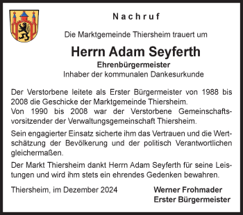 Traueranzeige von Adam Seyferth von Frankenpost