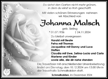 Traueranzeige von Johanna Malsch von Südthüringer Presse