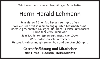 Traueranzeige von Harald Lehmann von Frankenpost