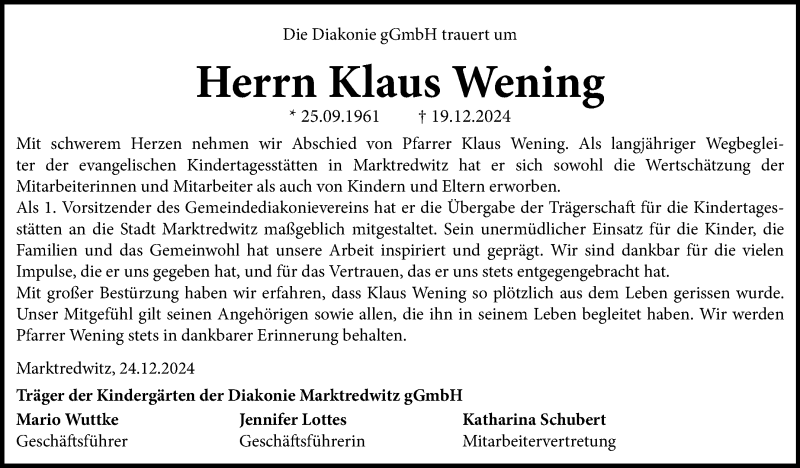  Traueranzeige für Klaus Wening vom 24.12.2024 aus Frankenpost