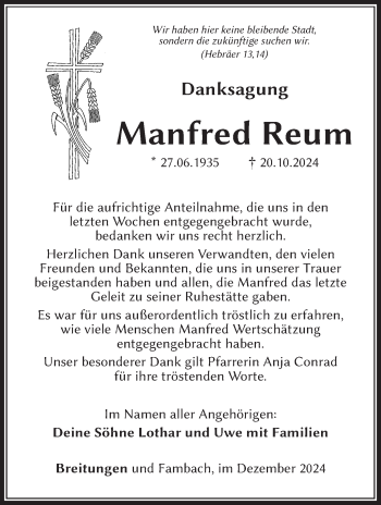 Traueranzeige von ManfredManfred ReumReum von Südthüringer Presse