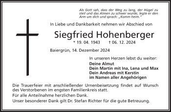 Traueranzeige von Siegfried Hohenberger von Frankenpost