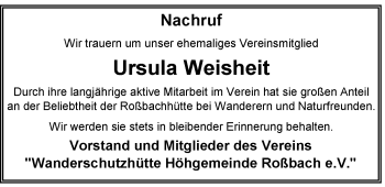 Traueranzeige von Ursula Weisheit von Südthüringer Presse