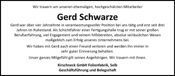 Traueranzeige von Gerd Schwarze von Frankenpost