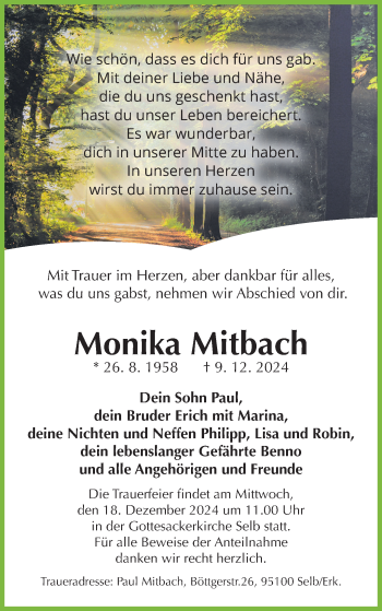 Traueranzeige von Monika Mitbach von Frankenpost