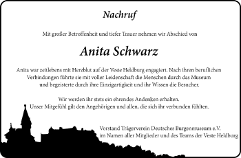 Traueranzeige von Anita Schwarz von Südthüringer Presse