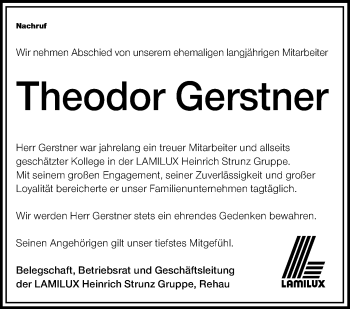 Traueranzeige von Theodor Gerstner von Frankenpost