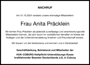 Traueranzeige von Anita Präcklein von Neue Presse Coburg