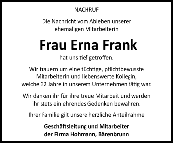 Traueranzeige von Erna Frank von Frankenpost