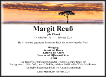 Traueranzeige von Margit Reuß von Südthüringer Presse