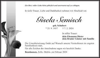 Traueranzeige von Gisela Semisch von Südthüringer Presse