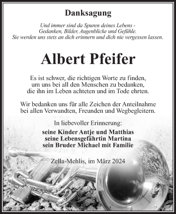 Traueranzeige von Albert Pfeifer von Südthüringer Presse