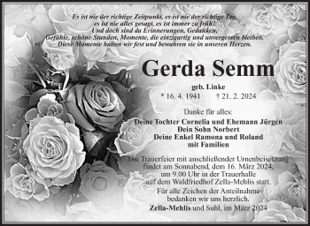 Traueranzeige von Gerda Semm von Südthüringer Presse