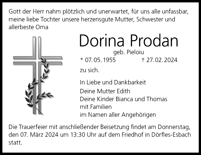  Traueranzeige für Dorina Prodan vom 02.03.2024 aus Neue Presse Coburg